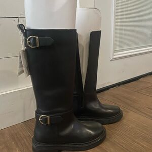 Black Leather Riding Boots with Gold Buckles